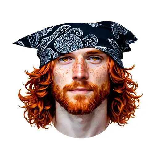 man with red slightly curly hair with Paisley printed rolled flat bandana on head brown eye and freckles  tattoo design idea