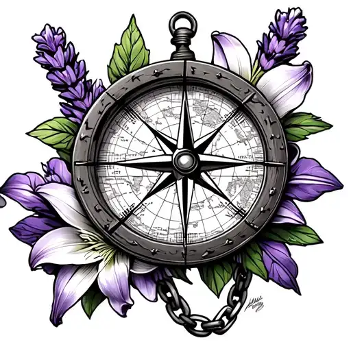 lilys with lavender compass with map and chain  tattoo design idea
