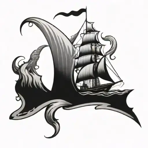 A detailed sailboat with billowing sails and a fiery phoenix rising from the mast, symbolizing resilience and strength tattoo design idea