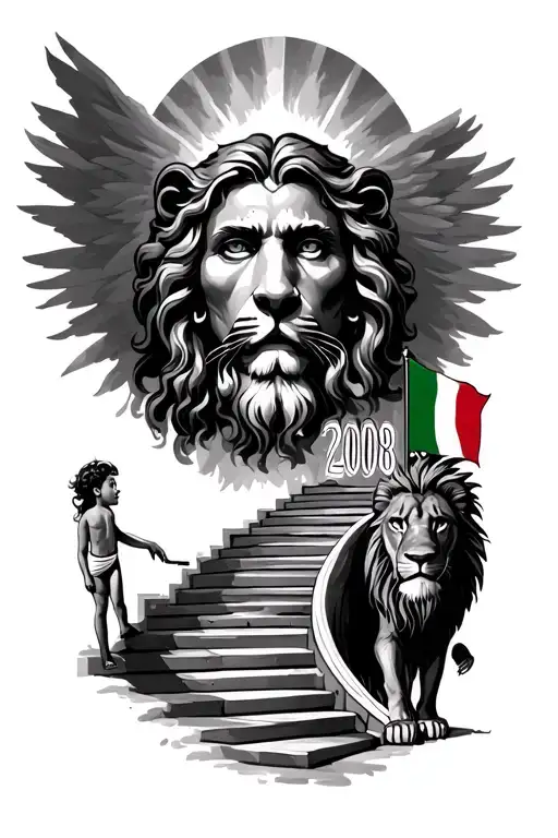 Gods face with a stair way to heaven with kid walking up stairs and it says 2008 with an italian flag and a lion face tattoo design idea