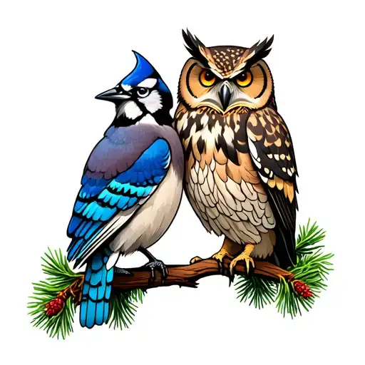 blue Jay and great horned owl perched on a pine tree tattoo design idea