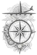 Can you draw me a tattoo that represents travel with a compass rose, an airplane, a paradise island and tattoo design idea