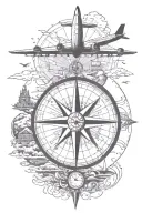 Can you draw me a tattoo that represents travel with a compass rose, an airplane, a paradise island and tattoo design idea