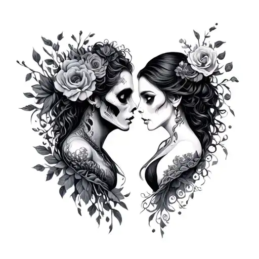 matching couple tattoo including macabre nature and romance  tattoo design idea