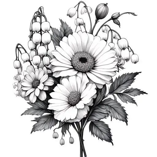 Calendula, Rose, Marguerite, Lily of the valley tattoo design idea