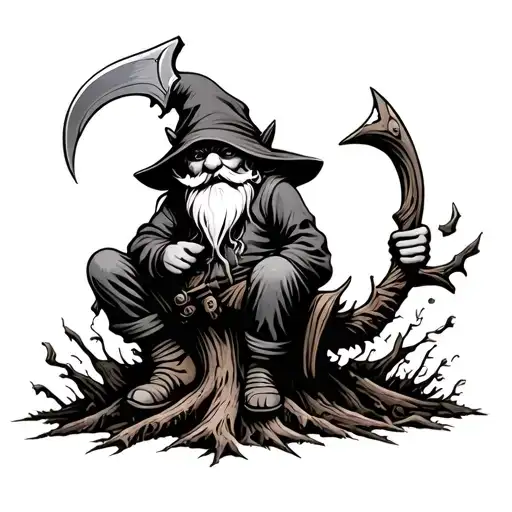 Evil Redcap Gnome Sitting on Rotting Tree Stump holding a hand Scythe as a weapon Back of hand tattoo fade for knuckles tattoo design idea