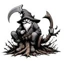 Evil Redcap Gnome Sitting on Rotting Tree Stump holding a hand Scythe as a weapon Back of hand tattoo fade for knuckles tattoo design idea