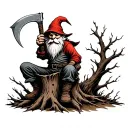Evil Redcap Gnome Sitting on Rotting Tree Stump holding a hand Scythe as a weapon Back of hand tattoo fade for knuckles tattoo design idea