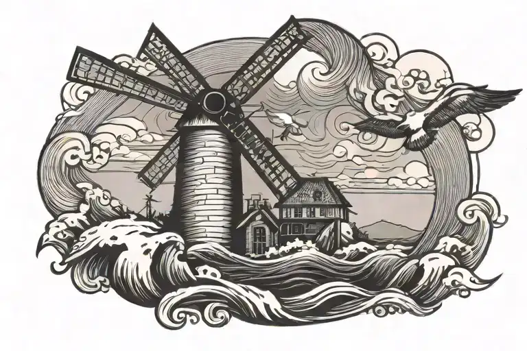 old windmill with waves and seagull flying tattoo design idea
