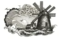 old windmill with waves and seagull flying tattoo design idea