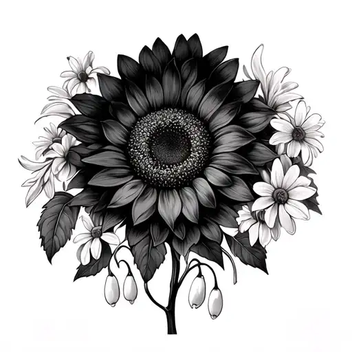 full sunflower head, daisys, cyclamen and snowdrops intertwined with a delicate vine tattoo design idea