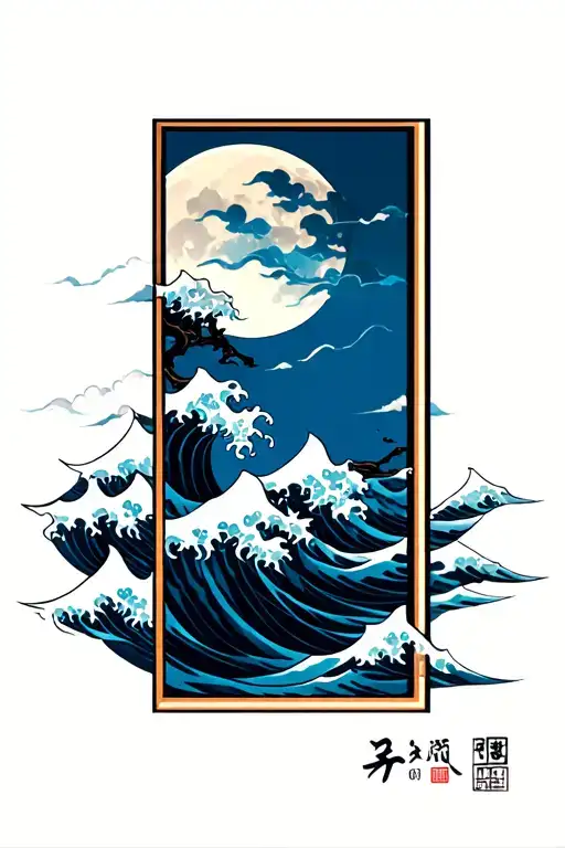 Japanese style tattoo of waves and moon in rectangulart shape ang blue cool color tattoo design idea