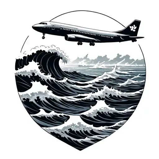 plane and ocean waves tattoo design idea