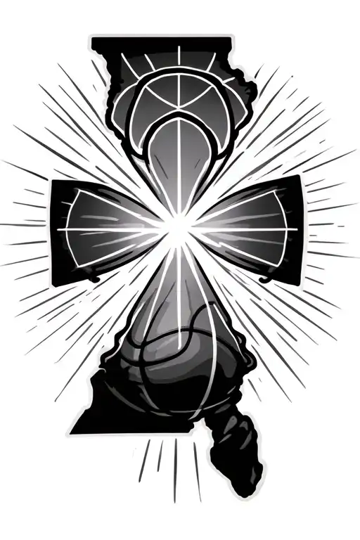 mississippi outline, cross with light shining, and basketball included tattoo design idea