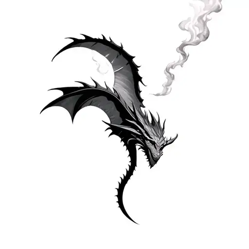 medieval dragon, flying, straight, crescent moon, smoke, fire tattoo design idea