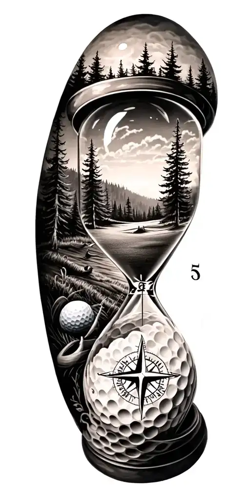 family and forest and hour glass and compass golf course golf ball tattoo design idea