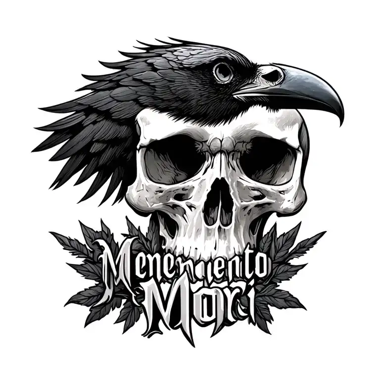 "Memento Mori" crow/raven skull infused to human skull on the right part, side view, phrase "memento mori" in gothic letters tattoo design idea