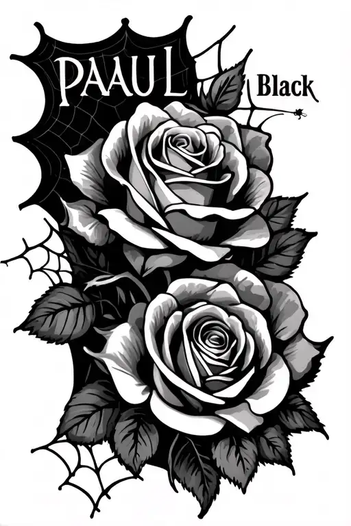 rose tatoo with spider webs and the name paul tattoo design idea