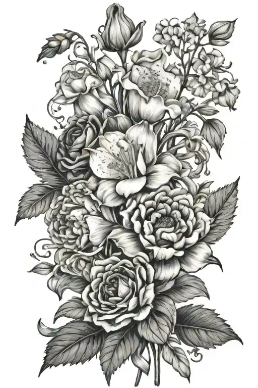 black and white bouquet of carnation, lily of the valley, larkspur, poppy, chrysanthemum, narcissus tattoo design idea
