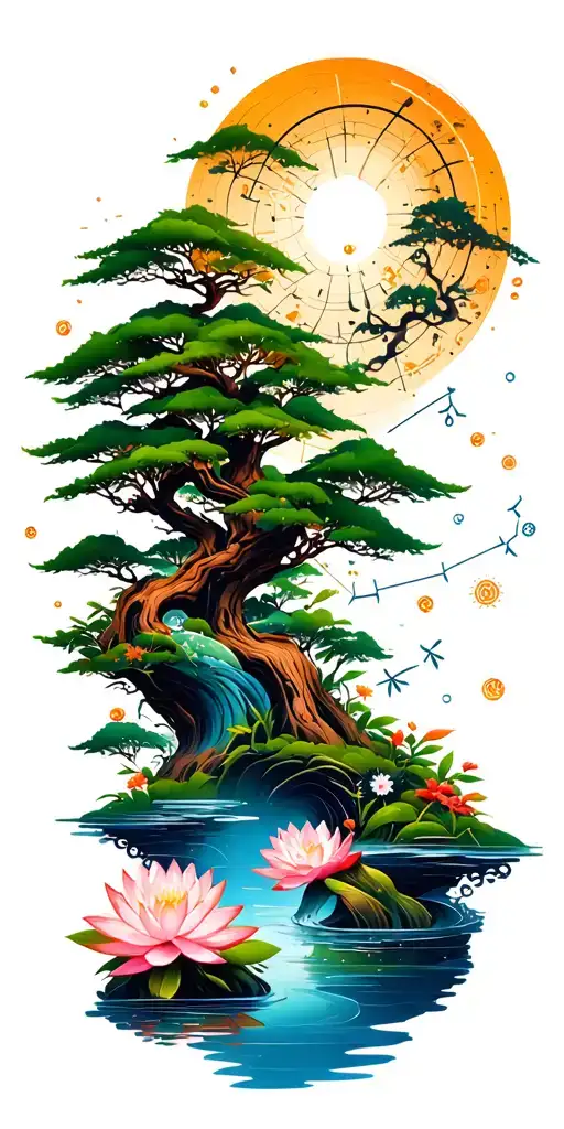 random constellation & layered Japanese landscape of trees,water,bamboo,scattered lotuses,and wood mechanical gears. tattoo design idea