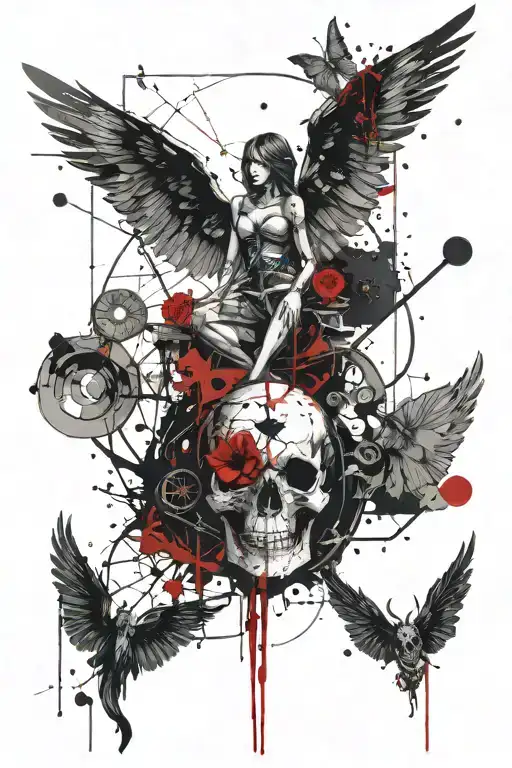 libra constellation, my attitude is either good/bad, with skull and angel wings tattoo design idea