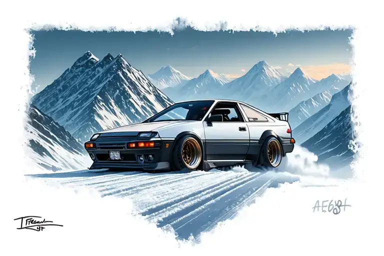 Toyota Treeno AE86 Initial Drift Mountain with Snow tattoo design idea