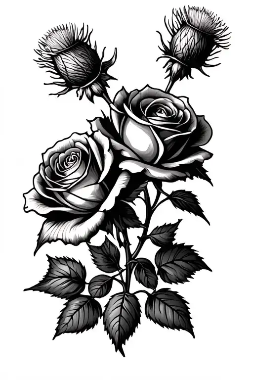 rose & Scottish thistle intertwined tattoo design idea