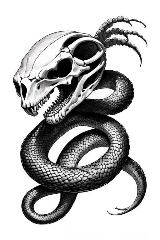 dark tattoo art, snake skeleton hybrid, blackwork tattoo, biomechanical elements, macabre illustration tattoo design idea