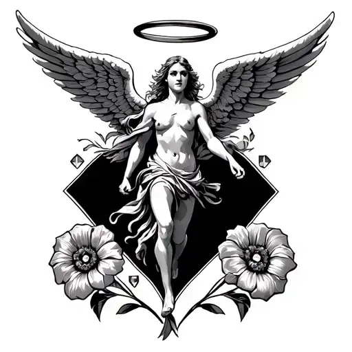 7 of diamonds, peach, angel wings, halo, uphill road, running man, 2 flowers tattoo design idea