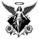 7 of diamonds, peach, angel wings, halo, uphill road, running man, 2 flowers tattoo design idea