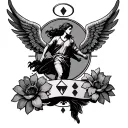 7 of diamonds, peach, angel wings, halo, uphill road, running man, 2 flowers tattoo design idea