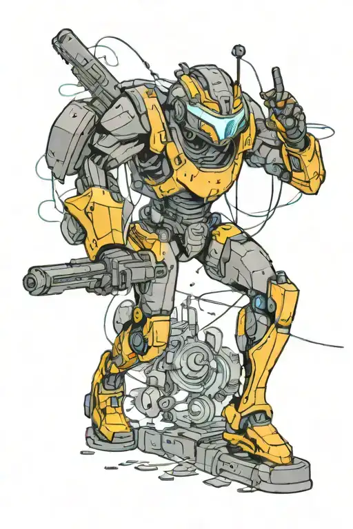 A futuristic cyberpunk scene of a warrior battling through a virtual reality game tattoo design idea