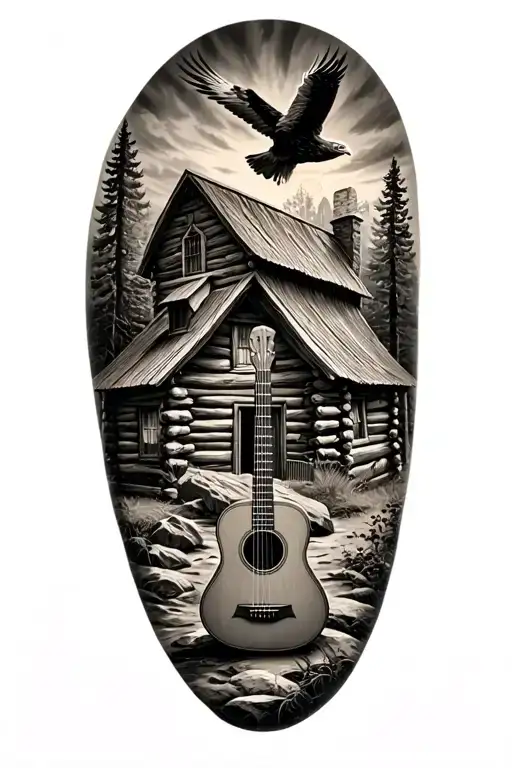 log cabin with an acoustic guitar in front and an eagle flying above. nature scene  tattoo design idea