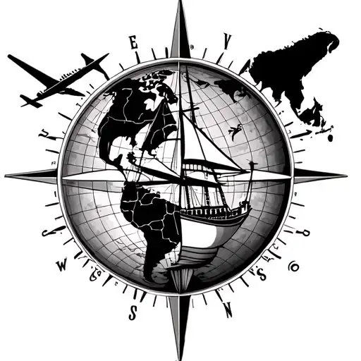 worl map with compass with plane and portugues boat sailing tattoo design idea