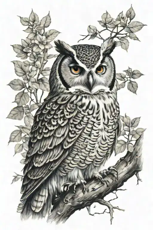 owl perched on a branch frontal view tattoo design idea