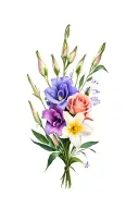dainty bouquet of gladiolus, sweet pea, rose, daffodil with a little bit of color tattoo design idea