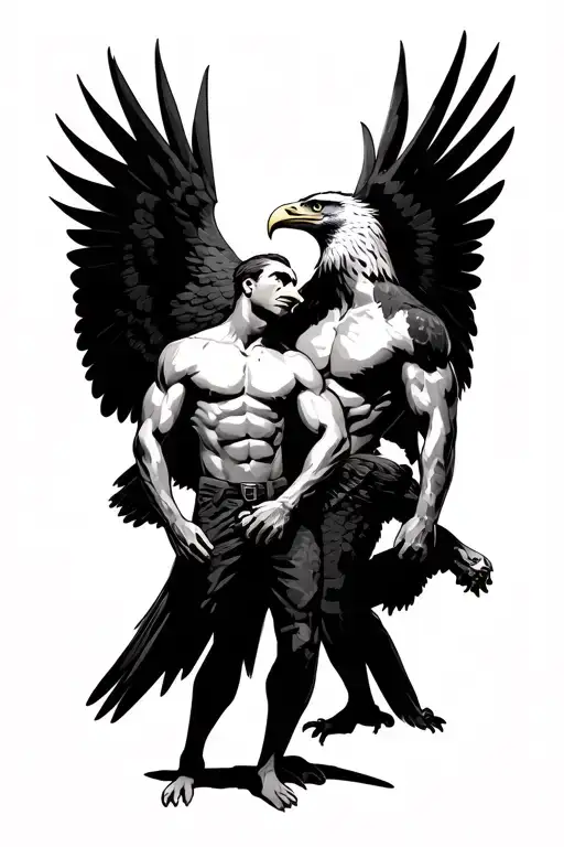 eagle carrying a human man standing back to back. muscular. simple design. tattoo design idea