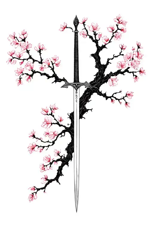 sword and charry blossom tree tattoo design idea
