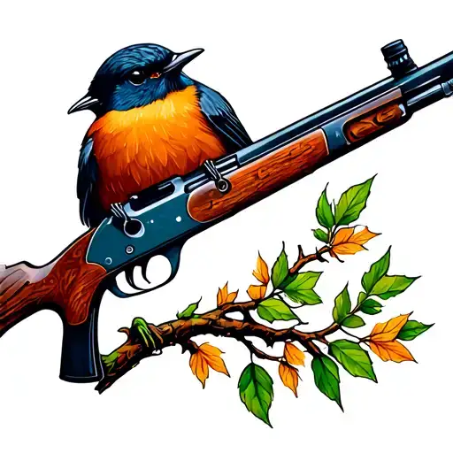 a Robin, a .22 air rifle, a beech tree silhouette tattoo design idea