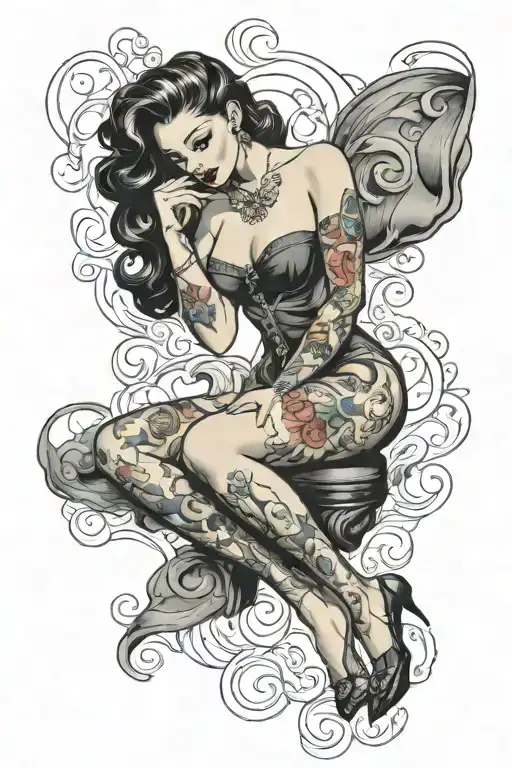 sexy pin up girl, no clothes on, minimal clothing, nakedm voluptuous, beautiful, full body. no deformities tattoo design idea