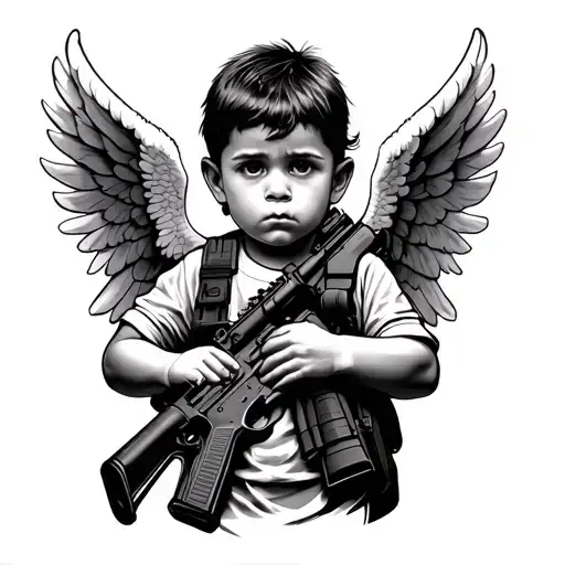 a child angel holding a ar15 looking straight ahead with black eyes looking like a gangster have the kid look angelic tattoo design idea