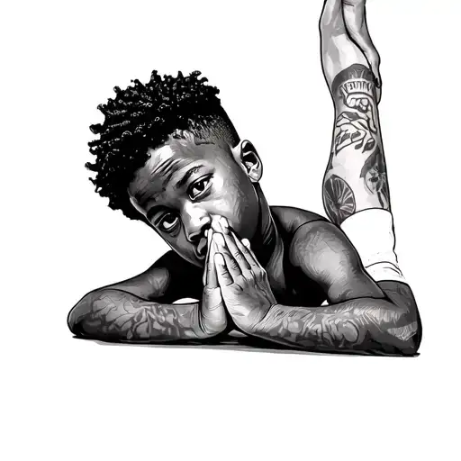 realist African American boy from the hood with small nappy afro praying looking sideways and slightly looking up tattoo design idea
