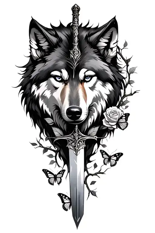A feminine but strong wolf with an ancient looking dagger through the wolf,thorny rose vine, butterfly tattoo design idea