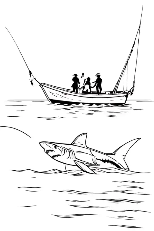 A family of four on a fishing boat in the sea. The father in the front has a taut fishing rod, reeling in a shark. Behin tattoo design idea