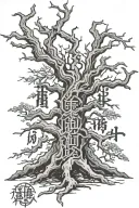 Yggdrasil tree with Chinese characters of strength and willpower written at the tree bark tattoo design idea