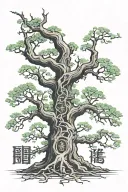 Yggdrasil tree with Chinese characters of strength and willpower written at the tree bark tattoo design idea