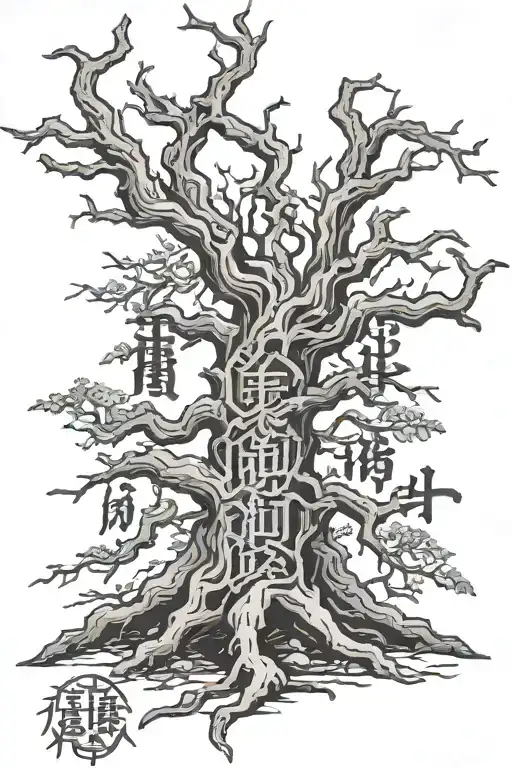 Yggdrasil tree with Chinese characters of strength and willpower written at the tree bark tattoo design idea