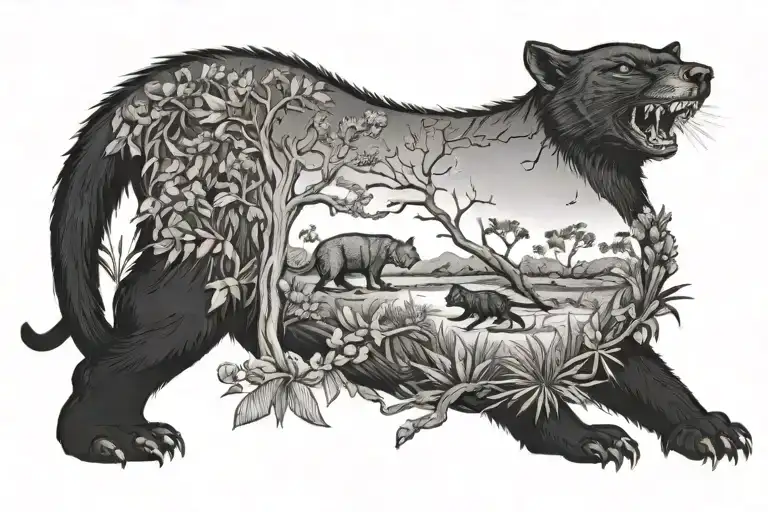 Austalian bush landscape with tasmanian devil, thylacine and tiger snake tattoo black and white tattoo design idea