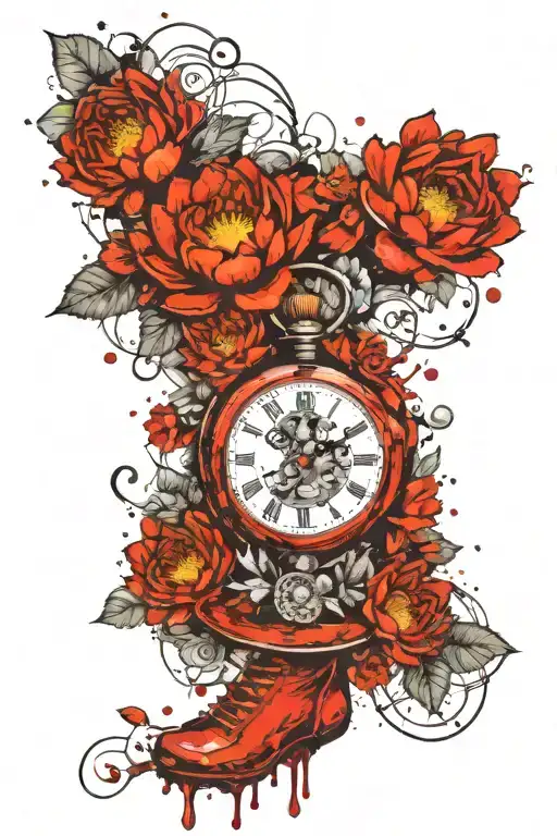 baby footprints below exploding skeleton pocket watch with chrysanthemum, lotus, daisy, marigold and hyacinth flowers  tattoo design idea