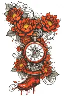 baby footprints below exploding skeleton pocket watch with chrysanthemum, lotus, daisy, marigold and hyacinth flowers  tattoo design idea